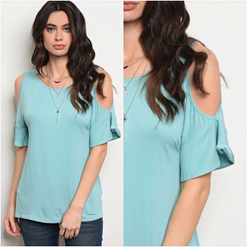 Chic Turquoise Cold Shoulder Ruffle Tee Small - Picture 2 of 6